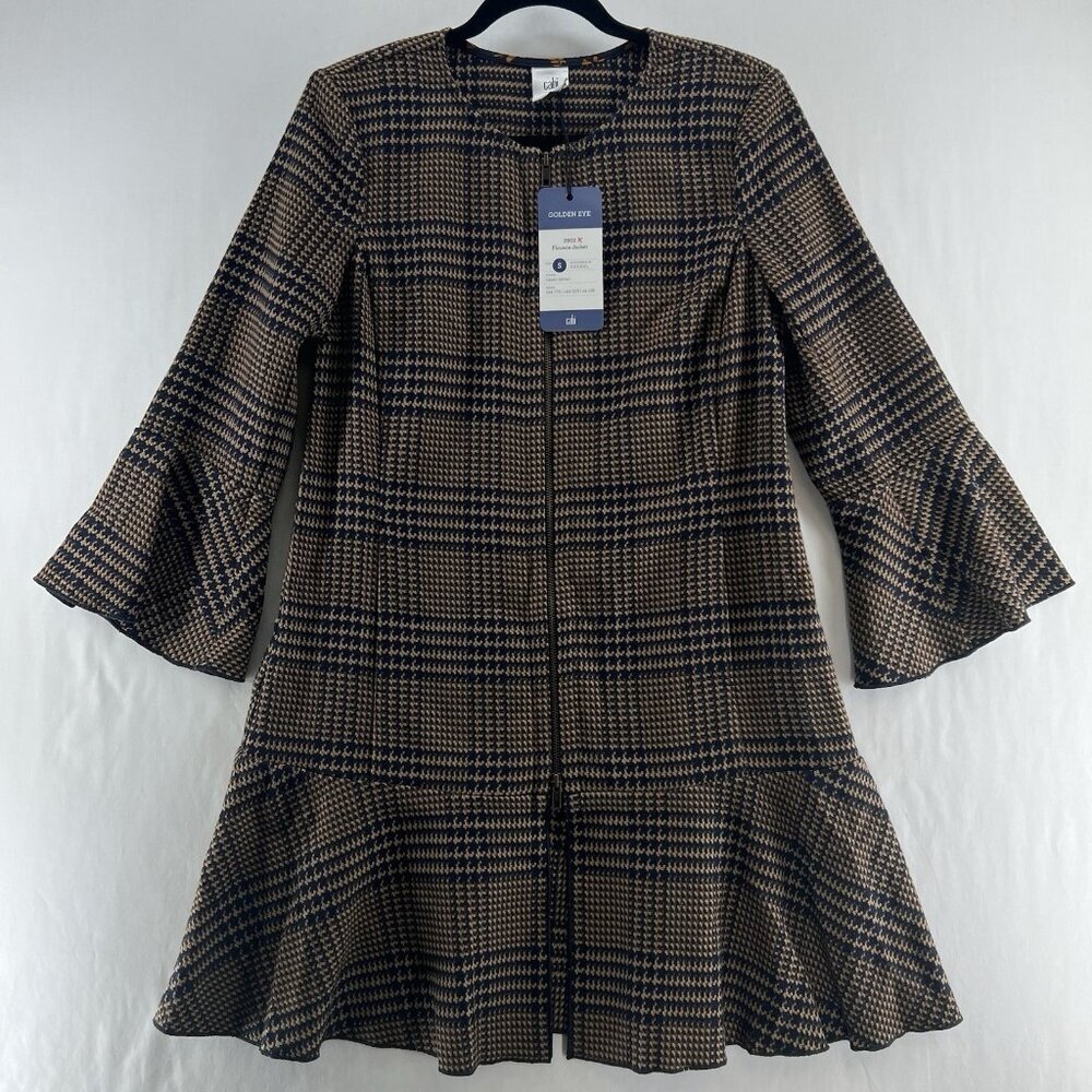 Cabi 3902 Flounce Jacket Womens S Zip Up Bell Sleeve Longline Tartan Plaid Brown